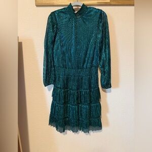 Metallic Green Ruffled Long-Sleeve Dress